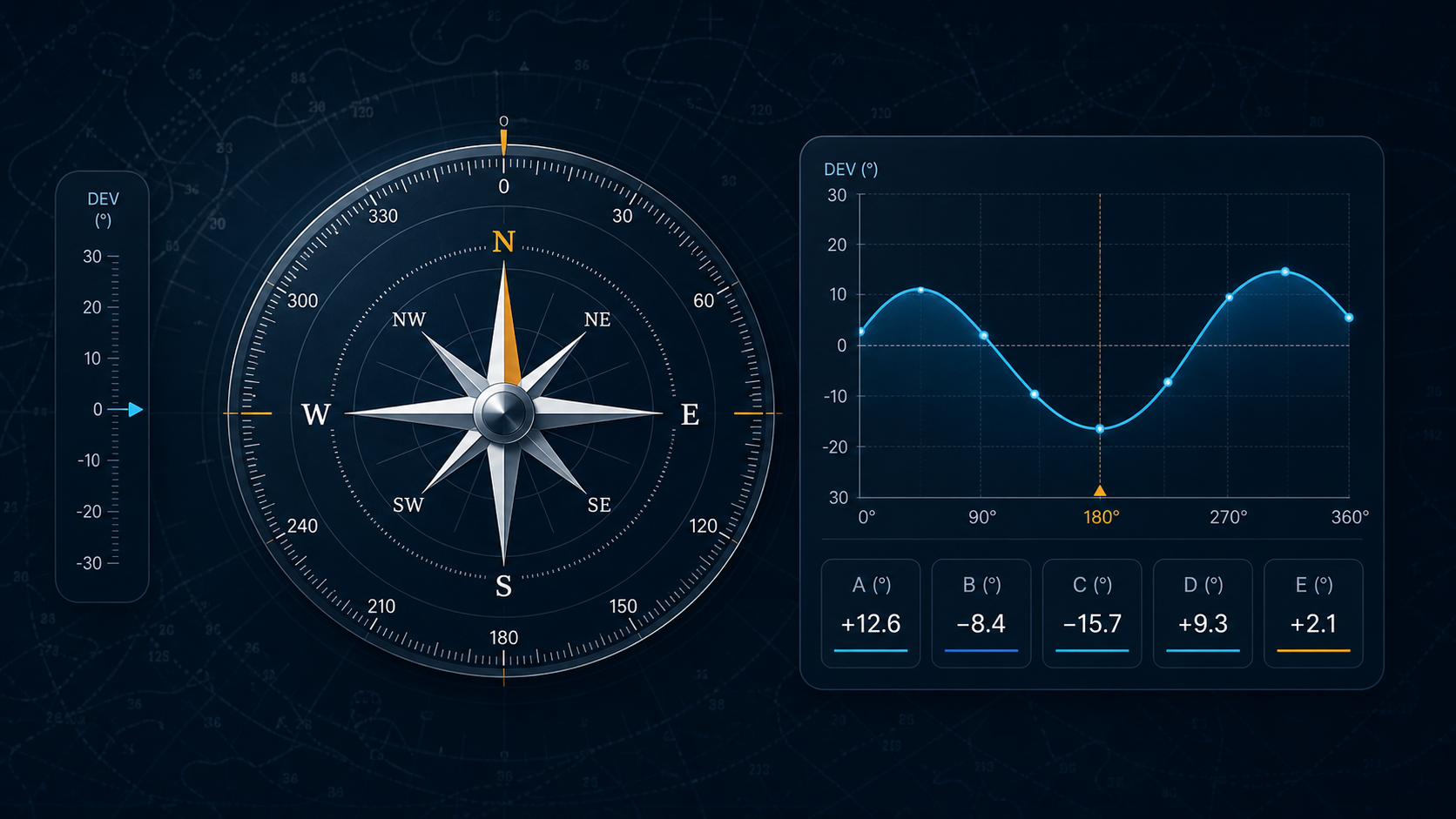 Preview of the Deviation magnetic compass calculator with a compass rose and deviation curve
